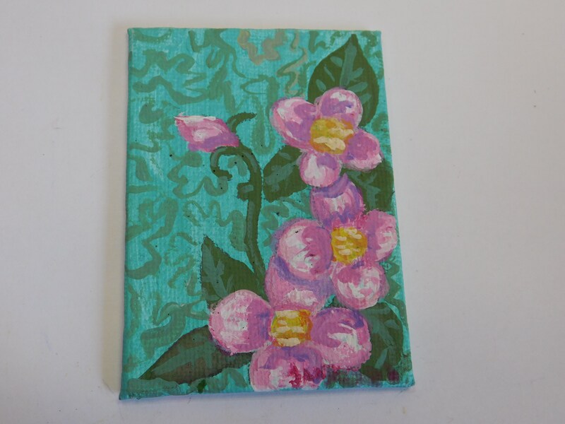 Pink Flowers - aceo 2.5x3.5"  Casein on mini canvas board floral painting by Julie Miscera
